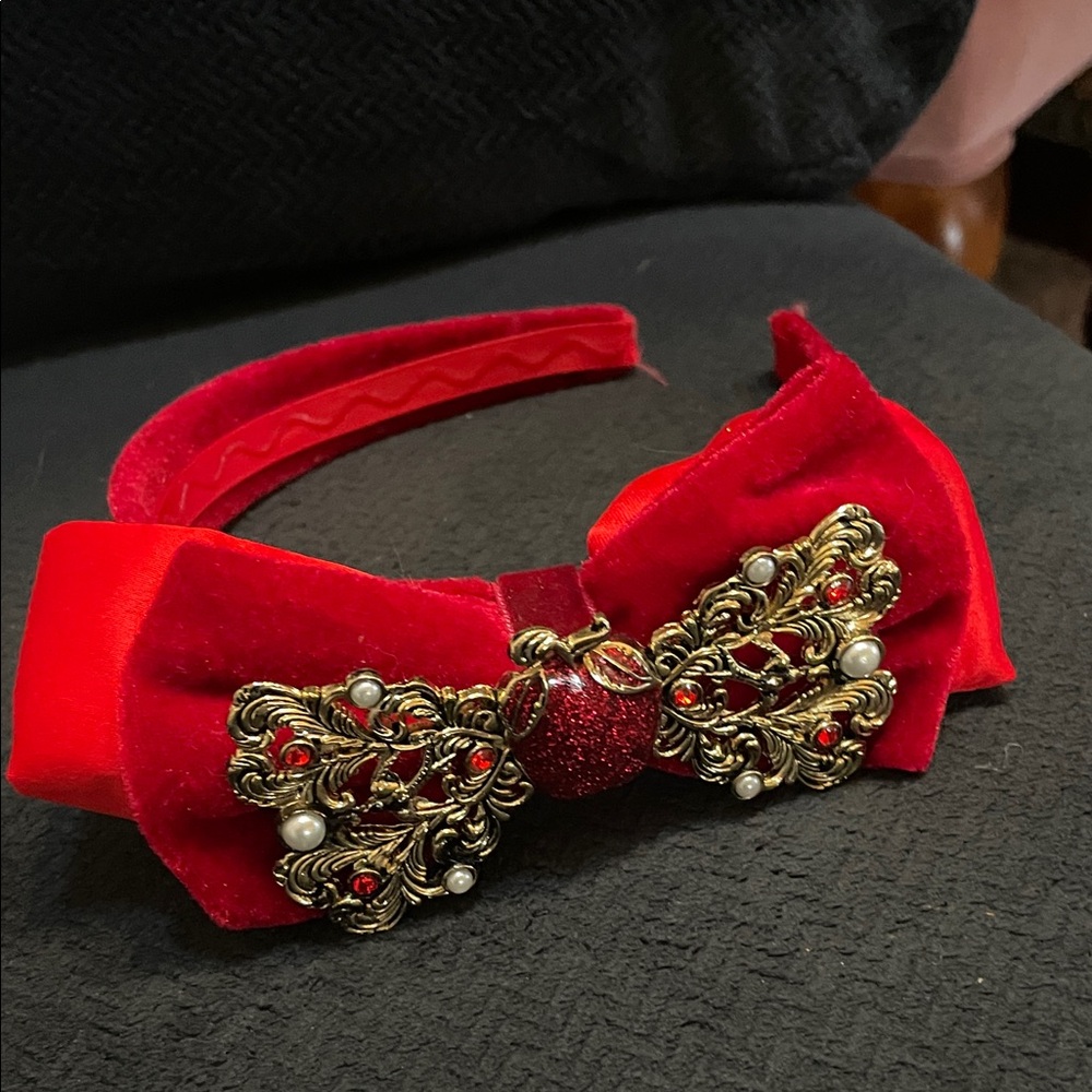 Disney Snow White Red Velvet Headband with Apple and gold filigree bow